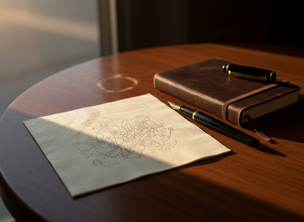 An overhead photographic view of a slightly crumpled cream-colored paper napkin spread flat on a dark wooden café table, covered in tiny, meticulous handwritten story notes and winding arrows implied by faint pencil marks, but with no legible text. A closed, well-worn leather notebook and a fountain pen rest near the edge, softly out of focus. Late afternoon window light falls across the scene, creating a warm, contemplative glow and long, gentle shadows from the objects. Shot with shallow depth of field and a clean, modern aesthetic, the composition feels intimate and professional, capturing the spark of fiction as it first appears “on the back of the napkin.”