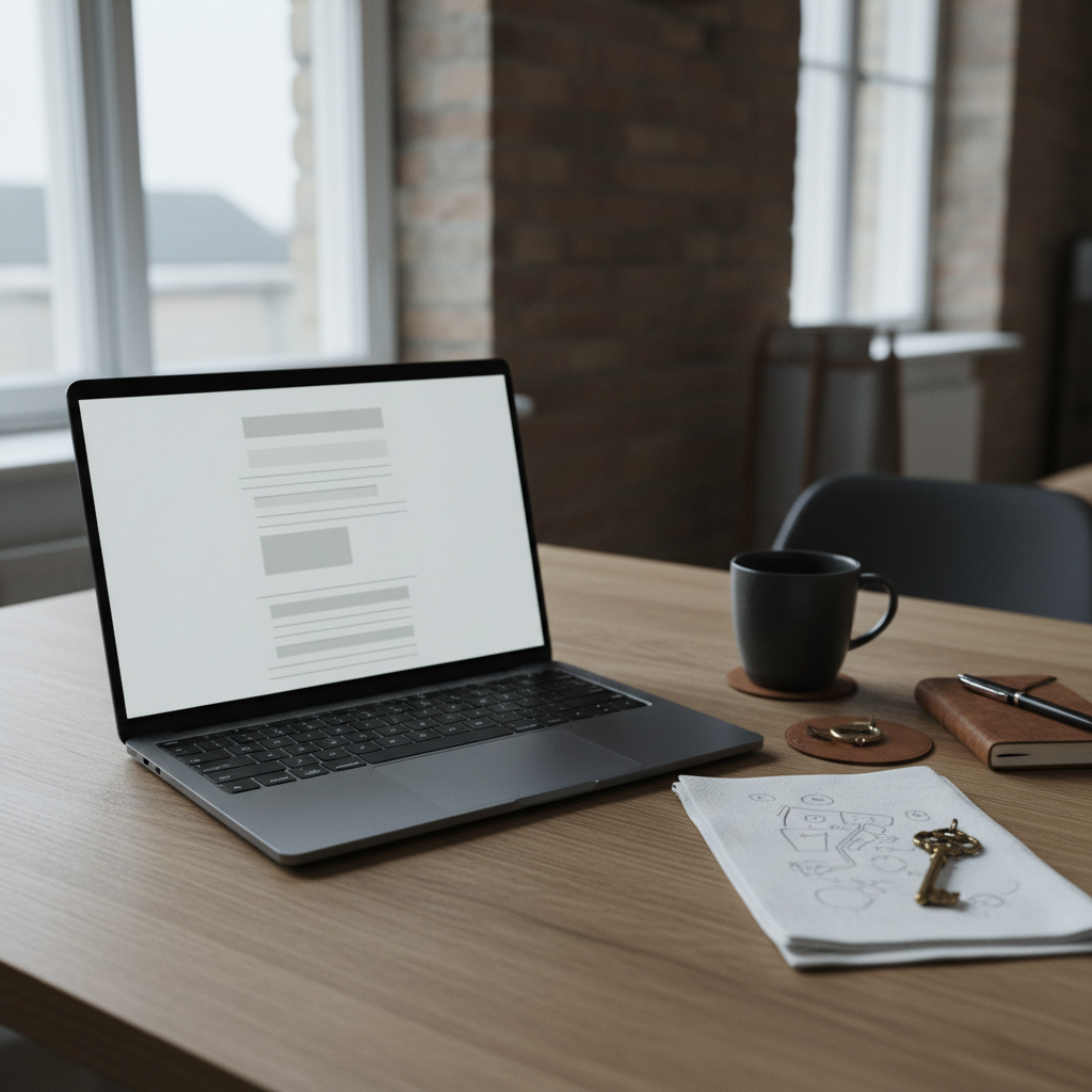 A slim, charcoal-gray laptop open on a sturdy oak desk in a quiet rental flat, its screen showing an abstract, textless document filled with orderly gray lines to suggest a draft novel. Beside it lies a folded white napkin with the ghost of a story map sketched in faint graphite, surrounded by a ceramic mug, a small travel notebook, and a vintage brass key. Cool, overcast daylight filters in from a nearby window, casting diffused, even light and soft shadows. Photographic realism, eye-level composition, and a calm, focused mood convey the professional side of crafting fiction while traveling.