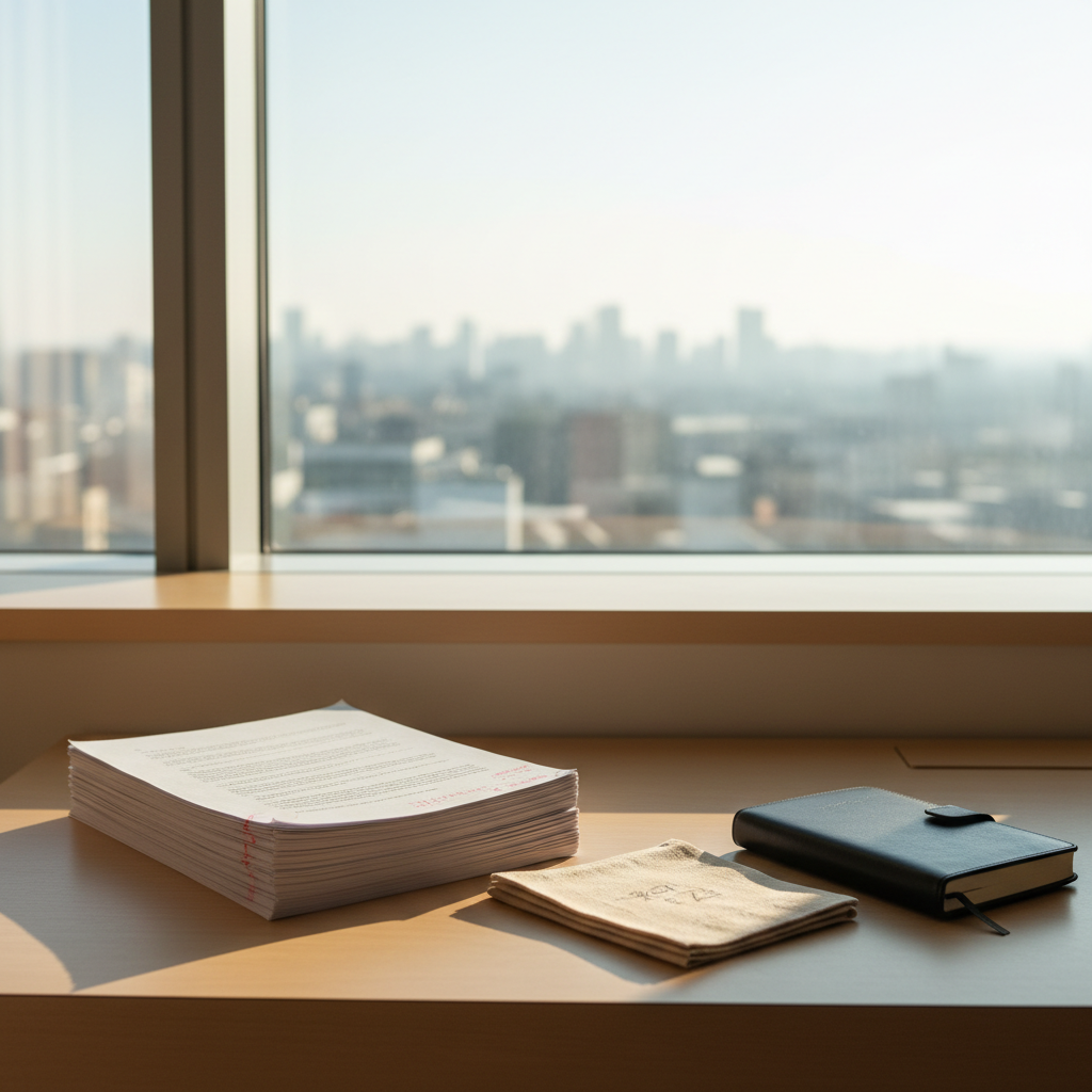 A compact writing corner in a minimalist hotel room, featuring a small light-wood desk facing a large, sunlit window that frames a distant, slightly blurred city skyline. On the desk, a stack of printed manuscript pages with red-ink margin marks, a neatly folded beige napkin bearing subtle, indistinct pencil scribbles, and a simple black travel journal create a quiet narrative workspace. Morning sunlight washes in, creating clean highlights on the paper and gentle shadows beneath the stack. Captured in photographic realism from a three-quarter angle with moderate depth of field, the image feels orderly, professional, and slightly aspirational, ideal for a fiction blog about writing on the road.